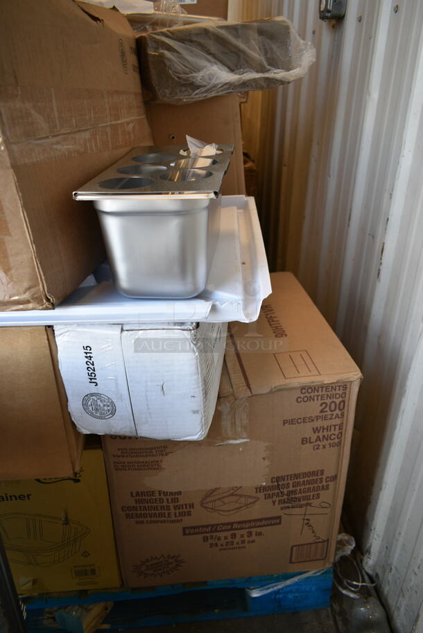 PALLET LOT of 28 BRAND NEW Boxes Including 394365L Noble Products Powder-Free Disposable Clear Vinyl Gloves for Foodservice - Large - 1000/Case, Choice Portion Cup Lid, 50010W Choice 10 oz. White Poly Paper Hot Cup - 1000/Case, Choice 24 oz Clear Hinged Lid Container, 190H10LVS12OZ Avantco 178SLD10LN12 10 Lane Gravity Feed Bottle Organizer for 8 oz. and slim 12 oz. Bottles, 129MCR50W Choice 48 oz. White 9" Round Microwavable Heavy Weight Container with Lid - 150/Case, Avantco 177MX20DOOR Front Cover with Feed Chute for MX20 Series Slicer and Shredder Attachments, 2 Box 433NHT101H Choice 1/6 Standard Size White "Thank You" Medium-Duty Plastic T-Shirt Bag - 1000/Case, Lavex C Fold Towels, 2 Box Noble Medium Gloves, Choice 5 5/8" Neon Plastic Test Tube Shot / Shooter with Assorted Colors - 1000/Case, Galaxy 177BSKTCFSM Freezer Basket for CF5 and CF7 Commercial Chest Freezers, 395TO961 EcoChoice 9" x 6" x 3" Compostable Sugarcane / Bagasse 1 Compartment Take-Out Container - 200/Case, 130TASTERSP Choice 3" White Plastic Tasting Spoon - 3000/Case. 28 Times Your Bid! - Image 2 of 12
