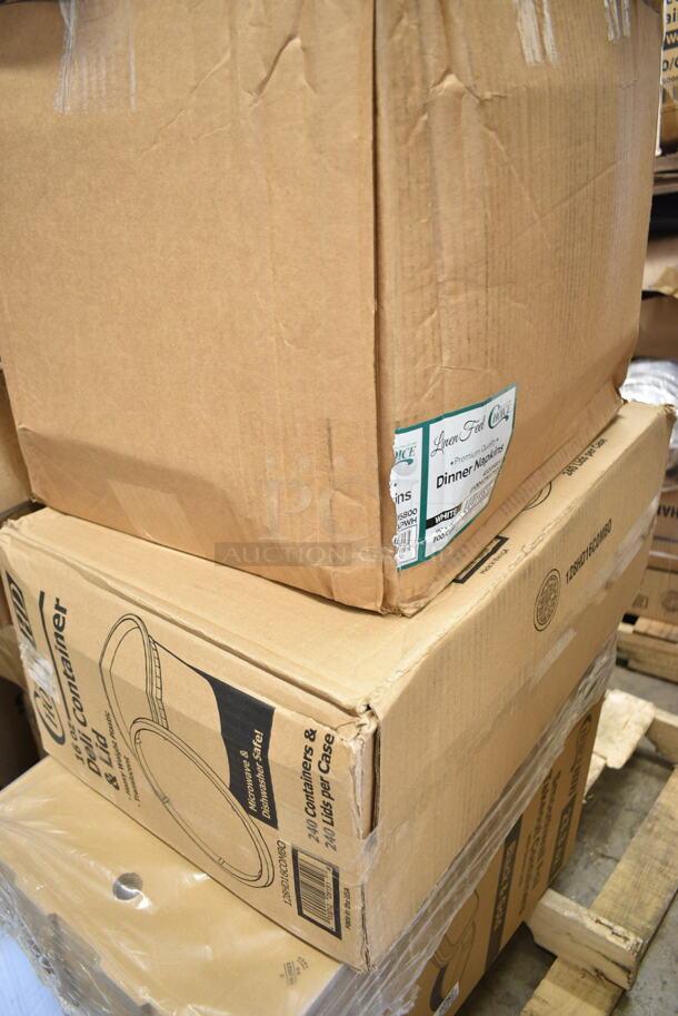 PALLET LOT of 27 BRAND NEW Boxes Including Choice Dinner Napkins, Banquet Roll White 40"x300", 4 Box 128HD16COMBO ChoiceHD 16 oz. Microwavable Translucent Plastic Deli Container and Lid Combo Pack - 240/Case, Dart Prima Clear Strawless Lid, 2 Box 611249, 612BG23SMALL Choice HD Smoothwall Black and gold Small Foil Take-Out, 760PCC20 Choice 20 oz. Poly Paper Cold Cup - 1000/Case, 500L1020B Choice Black Hot Paper Cup Travel Lid for 10-24 oz. Standard Cups and 8 oz. Squat Cups - 1000/Case. 27 Times Your Bid! - Image 2 of 9