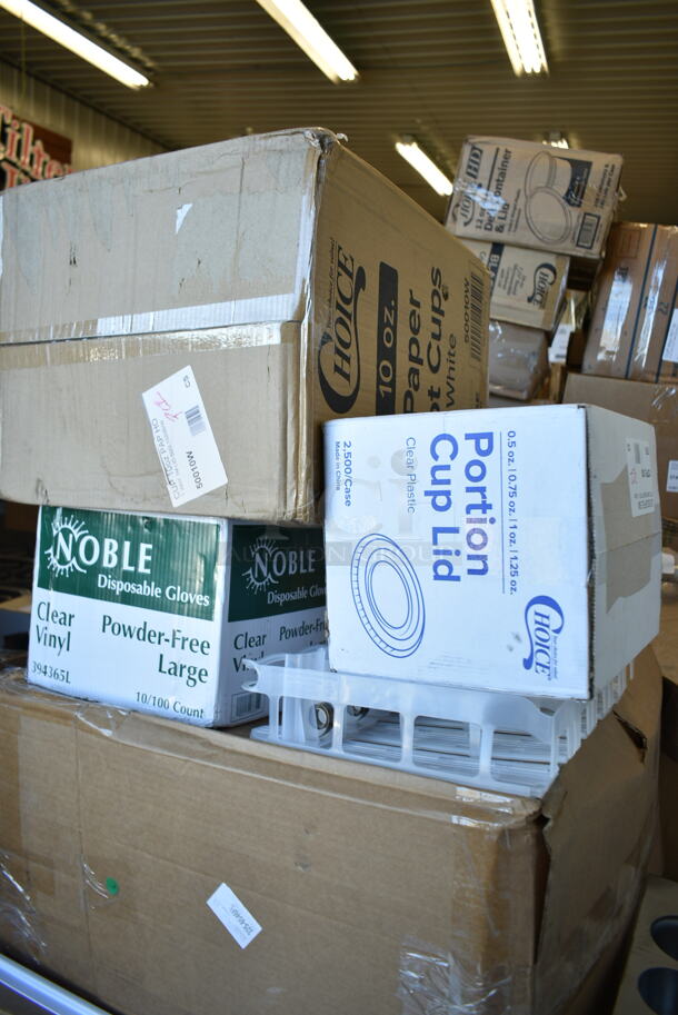 PALLET LOT of 28 BRAND NEW Boxes Including 394365L Noble Products Powder-Free Disposable Clear Vinyl Gloves for Foodservice - Large - 1000/Case, Choice Portion Cup Lid, 50010W Choice 10 oz. White Poly Paper Hot Cup - 1000/Case, Choice 24 oz Clear Hinged Lid Container, 190H10LVS12OZ Avantco 178SLD10LN12 10 Lane Gravity Feed Bottle Organizer for 8 oz. and slim 12 oz. Bottles, 129MCR50W Choice 48 oz. White 9" Round Microwavable Heavy Weight Container with Lid - 150/Case, Avantco 177MX20DOOR Front Cover with Feed Chute for MX20 Series Slicer and Shredder Attachments, 2 Box 433NHT101H Choice 1/6 Standard Size White "Thank You" Medium-Duty Plastic T-Shirt Bag - 1000/Case, Lavex C Fold Towels, 2 Box Noble Medium Gloves, Choice 5 5/8" Neon Plastic Test Tube Shot / Shooter with Assorted Colors - 1000/Case, Galaxy 177BSKTCFSM Freezer Basket for CF5 and CF7 Commercial Chest Freezers, 395TO961 EcoChoice 9" x 6" x 3" Compostable Sugarcane / Bagasse 1 Compartment Take-Out Container - 200/Case, 130TASTERSP Choice 3" White Plastic Tasting Spoon - 3000/Case. 28 Times Your Bid! - Image 4 of 12
