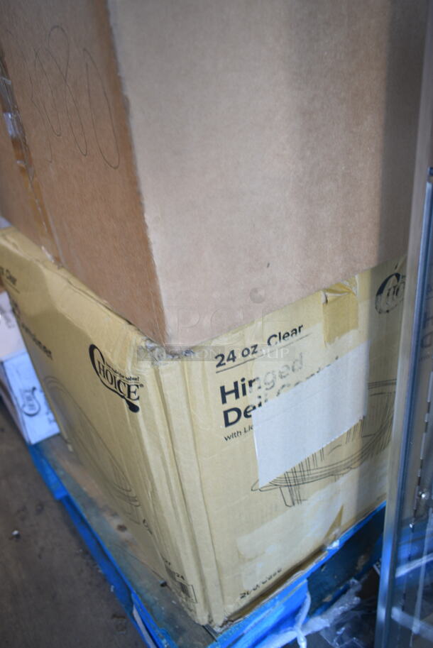 PALLET LOT of 28 BRAND NEW Boxes Including 394365L Noble Products Powder-Free Disposable Clear Vinyl Gloves for Foodservice - Large - 1000/Case, Choice Portion Cup Lid, 50010W Choice 10 oz. White Poly Paper Hot Cup - 1000/Case, Choice 24 oz Clear Hinged Lid Container, 190H10LVS12OZ Avantco 178SLD10LN12 10 Lane Gravity Feed Bottle Organizer for 8 oz. and slim 12 oz. Bottles, 129MCR50W Choice 48 oz. White 9" Round Microwavable Heavy Weight Container with Lid - 150/Case, Avantco 177MX20DOOR Front Cover with Feed Chute for MX20 Series Slicer and Shredder Attachments, 2 Box 433NHT101H Choice 1/6 Standard Size White "Thank You" Medium-Duty Plastic T-Shirt Bag - 1000/Case, Lavex C Fold Towels, 2 Box Noble Medium Gloves, Choice 5 5/8" Neon Plastic Test Tube Shot / Shooter with Assorted Colors - 1000/Case, Galaxy 177BSKTCFSM Freezer Basket for CF5 and CF7 Commercial Chest Freezers, 395TO961 EcoChoice 9" x 6" x 3" Compostable Sugarcane / Bagasse 1 Compartment Take-Out Container - 200/Case, 130TASTERSP Choice 3" White Plastic Tasting Spoon - 3000/Case. 28 Times Your Bid! - Image 5 of 12