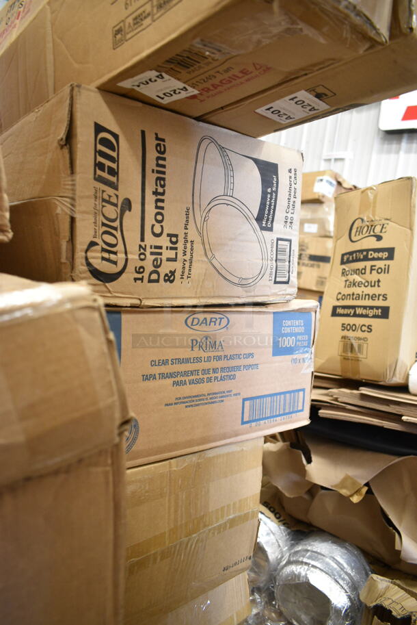 PALLET LOT of 27 BRAND NEW Boxes Including Choice Dinner Napkins, Banquet Roll White 40"x300", 4 Box 128HD16COMBO ChoiceHD 16 oz. Microwavable Translucent Plastic Deli Container and Lid Combo Pack - 240/Case, Dart Prima Clear Strawless Lid, 2 Box 611249, 612BG23SMALL Choice HD Smoothwall Black and gold Small Foil Take-Out, 760PCC20 Choice 20 oz. Poly Paper Cold Cup - 1000/Case, 500L1020B Choice Black Hot Paper Cup Travel Lid for 10-24 oz. Standard Cups and 8 oz. Squat Cups - 1000/Case. 27 Times Your Bid! - Image 4 of 9