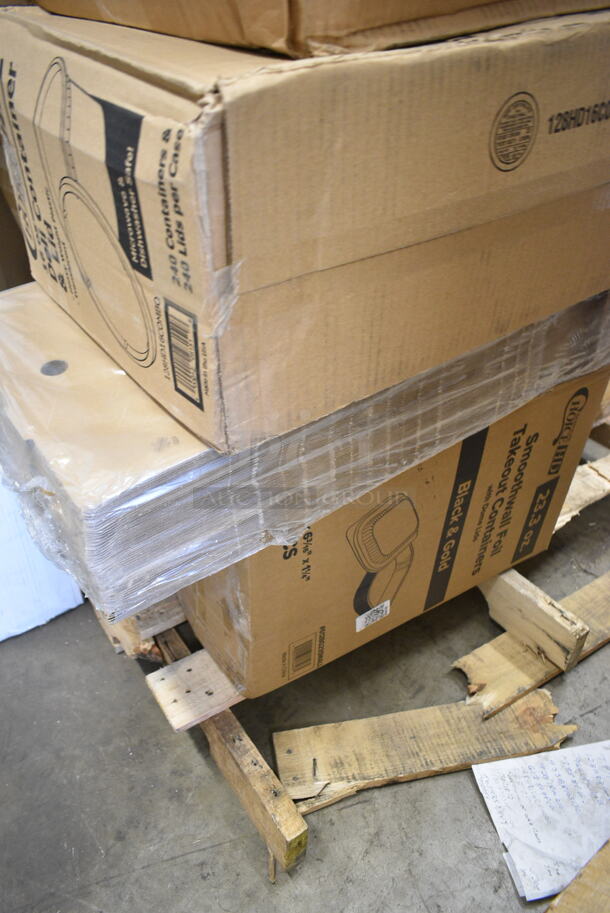 PALLET LOT of 27 BRAND NEW Boxes Including Choice Dinner Napkins, Banquet Roll White 40"x300", 4 Box 128HD16COMBO ChoiceHD 16 oz. Microwavable Translucent Plastic Deli Container and Lid Combo Pack - 240/Case, Dart Prima Clear Strawless Lid, 2 Box 611249, 612BG23SMALL Choice HD Smoothwall Black and gold Small Foil Take-Out, 760PCC20 Choice 20 oz. Poly Paper Cold Cup - 1000/Case, 500L1020B Choice Black Hot Paper Cup Travel Lid for 10-24 oz. Standard Cups and 8 oz. Squat Cups - 1000/Case. 27 Times Your Bid! - Image 7 of 9