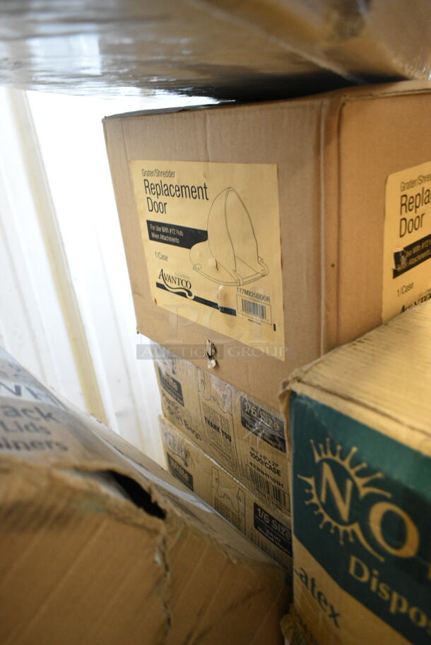 PALLET LOT of 28 BRAND NEW Boxes Including 394365L Noble Products Powder-Free Disposable Clear Vinyl Gloves for Foodservice - Large - 1000/Case, Choice Portion Cup Lid, 50010W Choice 10 oz. White Poly Paper Hot Cup - 1000/Case, Choice 24 oz Clear Hinged Lid Container, 190H10LVS12OZ Avantco 178SLD10LN12 10 Lane Gravity Feed Bottle Organizer for 8 oz. and slim 12 oz. Bottles, 129MCR50W Choice 48 oz. White 9" Round Microwavable Heavy Weight Container with Lid - 150/Case, Avantco 177MX20DOOR Front Cover with Feed Chute for MX20 Series Slicer and Shredder Attachments, 2 Box 433NHT101H Choice 1/6 Standard Size White "Thank You" Medium-Duty Plastic T-Shirt Bag - 1000/Case, Lavex C Fold Towels, 2 Box Noble Medium Gloves, Choice 5 5/8" Neon Plastic Test Tube Shot / Shooter with Assorted Colors - 1000/Case, Galaxy 177BSKTCFSM Freezer Basket for CF5 and CF7 Commercial Chest Freezers, 395TO961 EcoChoice 9" x 6" x 3" Compostable Sugarcane / Bagasse 1 Compartment Take-Out Container - 200/Case, 130TASTERSP Choice 3" White Plastic Tasting Spoon - 3000/Case. 28 Times Your Bid! - Image 9 of 12