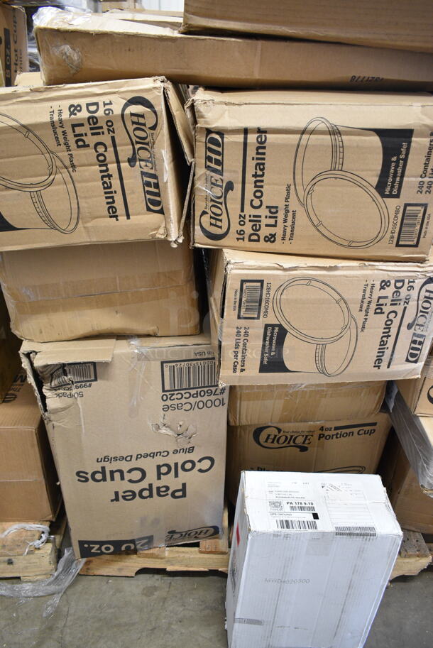 PALLET LOT of 27 BRAND NEW Boxes Including Choice Dinner Napkins, Banquet Roll White 40"x300", 4 Box 128HD16COMBO ChoiceHD 16 oz. Microwavable Translucent Plastic Deli Container and Lid Combo Pack - 240/Case, Dart Prima Clear Strawless Lid, 2 Box 611249, 612BG23SMALL Choice HD Smoothwall Black and gold Small Foil Take-Out, 760PCC20 Choice 20 oz. Poly Paper Cold Cup - 1000/Case, 500L1020B Choice Black Hot Paper Cup Travel Lid for 10-24 oz. Standard Cups and 8 oz. Squat Cups - 1000/Case. 27 Times Your Bid! - Image 8 of 9