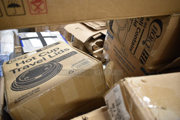 PALLET LOT of 27 BRAND NEW Boxes Including Choice Dinner Napkins, Banquet Roll White 40"x300", 4 Box 128HD16COMBO ChoiceHD 16 oz. Microwavable Translucent Plastic Deli Container and Lid Combo Pack - 240/Case, Dart Prima Clear Strawless Lid, 2 Box 611249, 612BG23SMALL Choice HD Smoothwall Black and gold Small Foil Take-Out, 760PCC20 Choice 20 oz. Poly Paper Cold Cup - 1000/Case, 500L1020B Choice Black Hot Paper Cup Travel Lid for 10-24 oz. Standard Cups and 8 oz. Squat Cups - 1000/Case. 27 Times Your Bid! - Image 9 of 9
