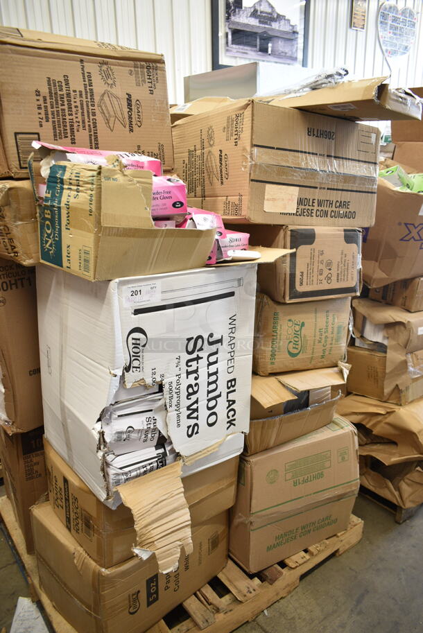 PALLET LOT of 20 BRAND NEW Boxes Including Dart 60HT1 White Foam Hinged Lid Container 6" x 6" x 3" - 500/Case, Choice 32 ox Clear Heavyweight Cold Cups, 394385S Noble Small Powder-Free Disposable Vinyl Gloves, 2 Box Dart 206HT1R 9" x 6" x 3" White Foam Shallow Rectangular Take Out Container with Perforated Hinged Lid - 200/Case, Choice Jumbo Straws, 500LDOMEW Clear Dome Lid, 500COLLAR8BR EcoChoice 8 oz. Kraft Coffee Cup Sleeve / Jacket / Clutch - 1200/Case, Dart 90HTPF1R Perforated White Foam Square Take Out Container with Hinged Lid 9" x 9" x 3" - 200/Case, XF-BLS400-Silver, Paper Barrel Sack, 2 Box PP206 Containers, 395RP09 Compostable Sugarcane Plate. 20 Times Your Bid! - Image 1 of 10