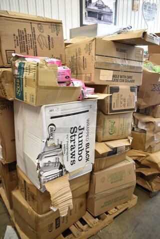 PALLET LOT of 20 BRAND NEW Boxes Including Dart 60HT1 White Foam Hinged Lid Container 6" x 6" x 3" - 500/Case, Choice 32 ox Clear Heavyweight Cold Cups, 394385S Noble Small Powder-Free Disposable Vinyl Gloves, 2 Box Dart 206HT1R 9" x 6" x 3" White Foam Shallow Rectangular Take Out Container with Perforated Hinged Lid - 200/Case, Choice Jumbo Straws, 500LDOMEW Clear Dome Lid, 500COLLAR8BR EcoChoice 8 oz. Kraft Coffee Cup Sleeve / Jacket / Clutch - 1200/Case, Dart 90HTPF1R Perforated White Foam Square Take Out Container with Hinged Lid 9" x 9" x 3" - 200/Case, XF-BLS400-Silver, Paper Barrel Sack, 2 Box PP206 Containers, 395RP09 Compostable Sugarcane Plate. 20 Times Your Bid!