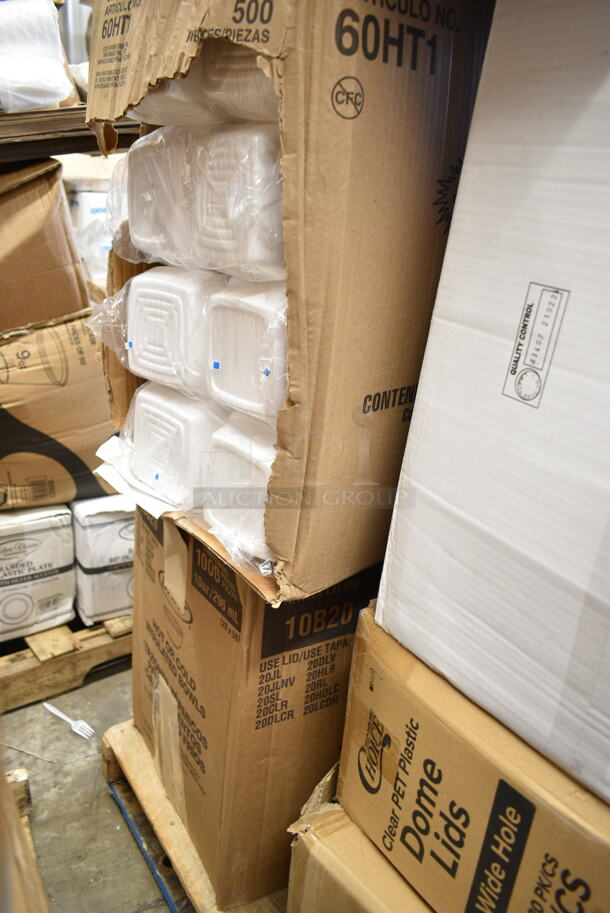 PALLET LOT of 20 BRAND NEW Boxes Including Dart 60HT1 White Foam Hinged Lid Container 6" x 6" x 3" - 500/Case, Choice 32 ox Clear Heavyweight Cold Cups, 394385S Noble Small Powder-Free Disposable Vinyl Gloves, 2 Box Dart 206HT1R 9" x 6" x 3" White Foam Shallow Rectangular Take Out Container with Perforated Hinged Lid - 200/Case, Choice Jumbo Straws, 500LDOMEW Clear Dome Lid, 500COLLAR8BR EcoChoice 8 oz. Kraft Coffee Cup Sleeve / Jacket / Clutch - 1200/Case, Dart 90HTPF1R Perforated White Foam Square Take Out Container with Hinged Lid 9" x 9" x 3" - 200/Case, XF-BLS400-Silver, Paper Barrel Sack, 2 Box PP206 Containers, 395RP09 Compostable Sugarcane Plate. 20 Times Your Bid! - Image 2 of 10