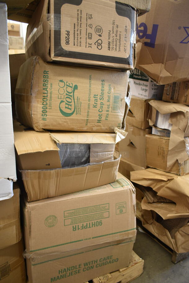 PALLET LOT of 20 BRAND NEW Boxes Including Dart 60HT1 White Foam Hinged Lid Container 6" x 6" x 3" - 500/Case, Choice 32 ox Clear Heavyweight Cold Cups, 394385S Noble Small Powder-Free Disposable Vinyl Gloves, 2 Box Dart 206HT1R 9" x 6" x 3" White Foam Shallow Rectangular Take Out Container with Perforated Hinged Lid - 200/Case, Choice Jumbo Straws, 500LDOMEW Clear Dome Lid, 500COLLAR8BR EcoChoice 8 oz. Kraft Coffee Cup Sleeve / Jacket / Clutch - 1200/Case, Dart 90HTPF1R Perforated White Foam Square Take Out Container with Hinged Lid 9" x 9" x 3" - 200/Case, XF-BLS400-Silver, Paper Barrel Sack, 2 Box PP206 Containers, 395RP09 Compostable Sugarcane Plate. 20 Times Your Bid! - Image 6 of 10