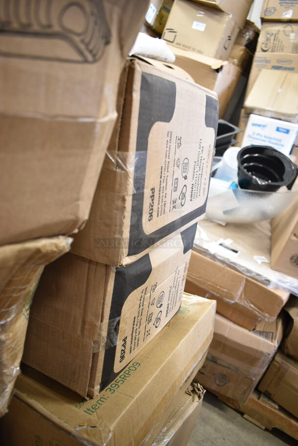 PALLET LOT of 20 BRAND NEW Boxes Including Dart 60HT1 White Foam Hinged Lid Container 6" x 6" x 3" - 500/Case, Choice 32 ox Clear Heavyweight Cold Cups, 394385S Noble Small Powder-Free Disposable Vinyl Gloves, 2 Box Dart 206HT1R 9" x 6" x 3" White Foam Shallow Rectangular Take Out Container with Perforated Hinged Lid - 200/Case, Choice Jumbo Straws, 500LDOMEW Clear Dome Lid, 500COLLAR8BR EcoChoice 8 oz. Kraft Coffee Cup Sleeve / Jacket / Clutch - 1200/Case, Dart 90HTPF1R Perforated White Foam Square Take Out Container with Hinged Lid 9" x 9" x 3" - 200/Case, XF-BLS400-Silver, Paper Barrel Sack, 2 Box PP206 Containers, 395RP09 Compostable Sugarcane Plate. 20 Times Your Bid! - Image 10 of 10