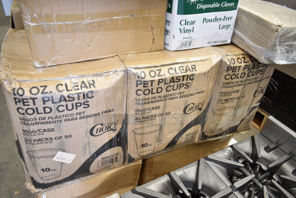 PALLET LOT of 19 BRAND NEW Boxes Including 3 Box 500CC10 Choice 10 oz. Clear PET Plastic Cold Cup - 1000/Case, 394365L Noble Products Powder-Free Disposable Clear Vinyl Gloves for Foodservice - Large - 1000/Case, 500TO Choice 9" x 6" x 3" Microwaveable 1-Compartment Black / Clear Plastic Hinged Container - 100/Case, 5014046XXH Lavex Pro 45 Gallon 3 Mil 40" x 46" Low Density Heavy-Duty Industrial Contractor Black Trash Bag / Can Liner - 50/Case, CTR7S2141, 612LOB225LB Brown Paper Bags. 19 Times Your Bid! - Image 2 of 10