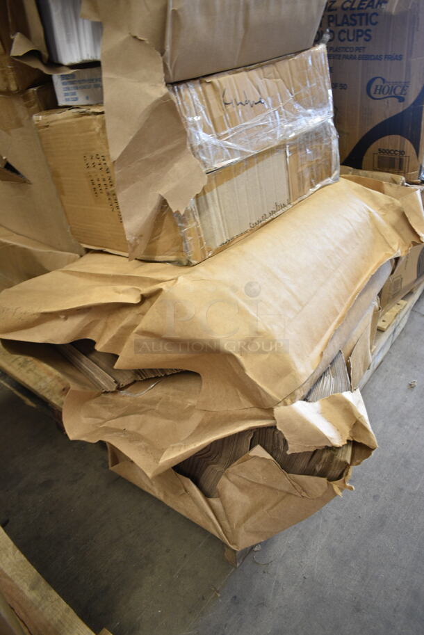 PALLET LOT of 19 BRAND NEW Boxes Including 3 Box 500CC10 Choice 10 oz. Clear PET Plastic Cold Cup - 1000/Case, 394365L Noble Products Powder-Free Disposable Clear Vinyl Gloves for Foodservice - Large - 1000/Case, 500TO Choice 9" x 6" x 3" Microwaveable 1-Compartment Black / Clear Plastic Hinged Container - 100/Case, 5014046XXH Lavex Pro 45 Gallon 3 Mil 40" x 46" Low Density Heavy-Duty Industrial Contractor Black Trash Bag / Can Liner - 50/Case, CTR7S2141, 612LOB225LB Brown Paper Bags. 19 Times Your Bid! - Image 7 of 10