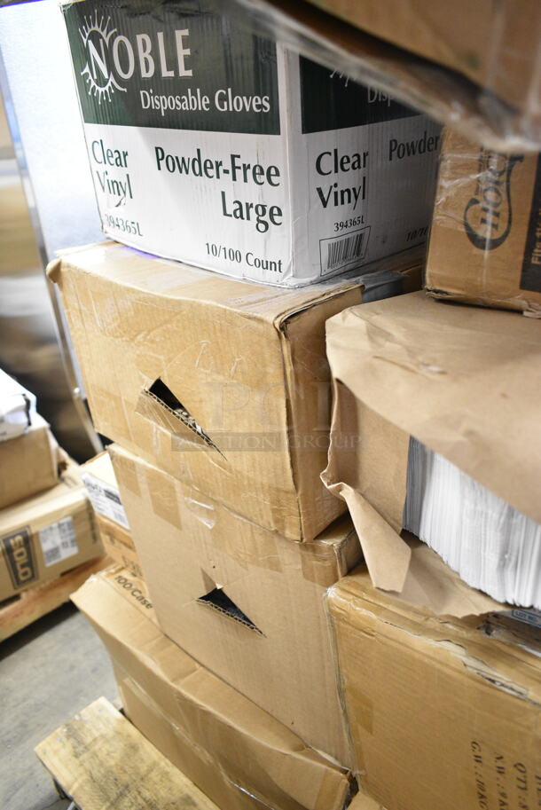 PALLET LOT of 19 BRAND NEW Boxes Including 3 Box 500CC10 Choice 10 oz. Clear PET Plastic Cold Cup - 1000/Case, 394365L Noble Products Powder-Free Disposable Clear Vinyl Gloves for Foodservice - Large - 1000/Case, 500TO Choice 9" x 6" x 3" Microwaveable 1-Compartment Black / Clear Plastic Hinged Container - 100/Case, 5014046XXH Lavex Pro 45 Gallon 3 Mil 40" x 46" Low Density Heavy-Duty Industrial Contractor Black Trash Bag / Can Liner - 50/Case, CTR7S2141, 612LOB225LB Brown Paper Bags. 19 Times Your Bid! - Image 9 of 10