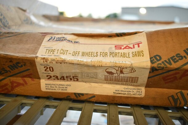 Box of 20 BRAND NEW! United Abrasive SAIT 23455 14X1/8X20mm A24R Heavy Duty General Purpose Portable Saw Cut-Off Wheels - Image 3 of 3