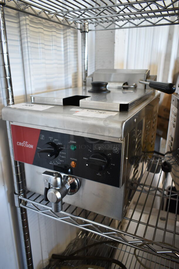 BRAND NEW SCRATCH AND DENT! 2023 Crosson EF-6V Stainless Steel Commercial Countertop Electric Powered Fryer w/ Metal Fry Basket and Lid. 120 Volts, 1 Phase.
 - Image 2 of 5