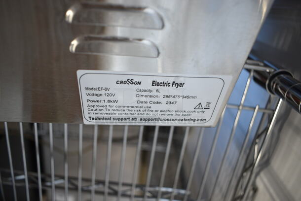 BRAND NEW SCRATCH AND DENT! 2023 Crosson EF-6V Stainless Steel Commercial Countertop Electric Powered Fryer w/ Metal Fry Basket and Lid. 120 Volts, 1 Phase.
 - Image 5 of 5