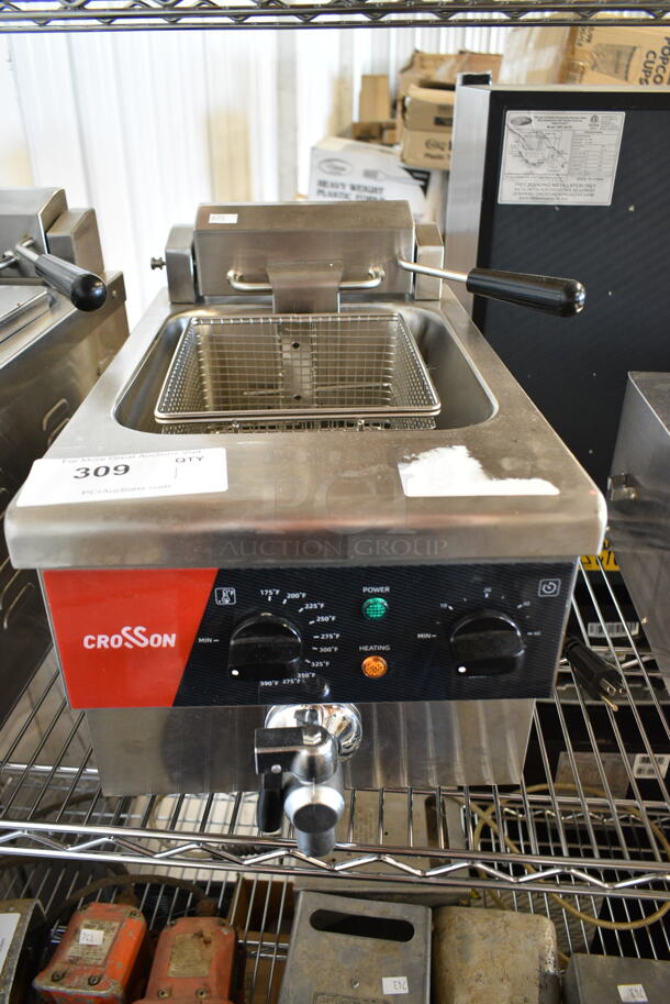BRAND NEW SCRATCH AND DENT! 2024 Crosson EF-6V Stainless Steel Commercial Countertop Electric Powered Fryer w/ Metal Fry Basket and Lid. 120 Volts, 1 Phase.
 - Image 2 of 5
