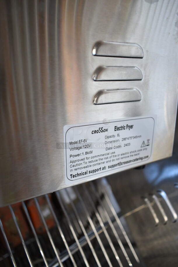 BRAND NEW SCRATCH AND DENT! 2024 Crosson EF-6V Stainless Steel Commercial Countertop Electric Powered Fryer w/ Metal Fry Basket and Lid. 120 Volts, 1 Phase.
 - Image 5 of 5