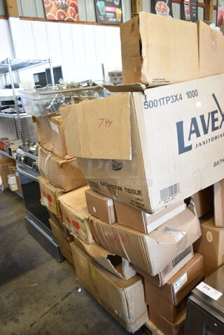 PALLET LOT of 42 BRAND NEW Boxes Including 5001TP3X4 Lavex Individually-Wrapped 1-Ply Standard 1000 Sheet Toilet Paper Roll - 96/Case, 3 Box Rego C936-31 Saucers, 3 Box Rego C736-21 Saucers, 75004237 Antimicrobial Foam Hand Soap, Azar 152727 Double Foot Frame, 