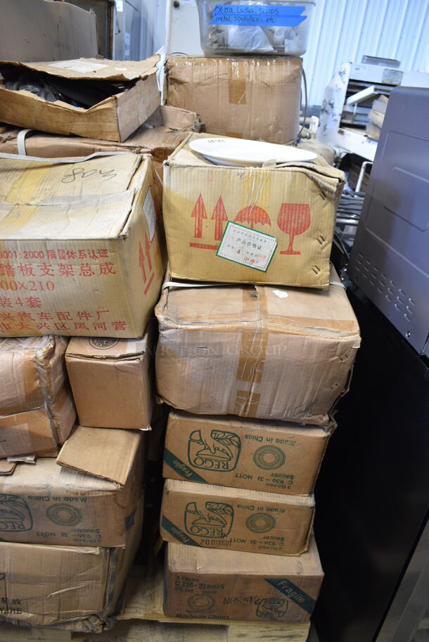 PALLET LOT of 42 BRAND NEW Boxes Including 5001TP3X4 Lavex Individually-Wrapped 1-Ply Standard 1000 Sheet Toilet Paper Roll - 96/Case, 3 Box Rego C936-31 Saucers, 3 Box Rego C736-21 Saucers, 75004237 Antimicrobial Foam Hand Soap, Azar 152727 Double Foot Frame,  - Image 10 of 12