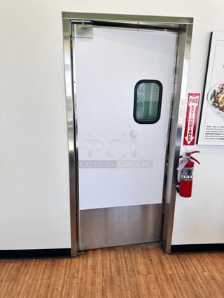 Excellent Eliason LWP-3 36 x 84 Single Aluminum Swinging Traffic Door with Window Buyer Must Remove