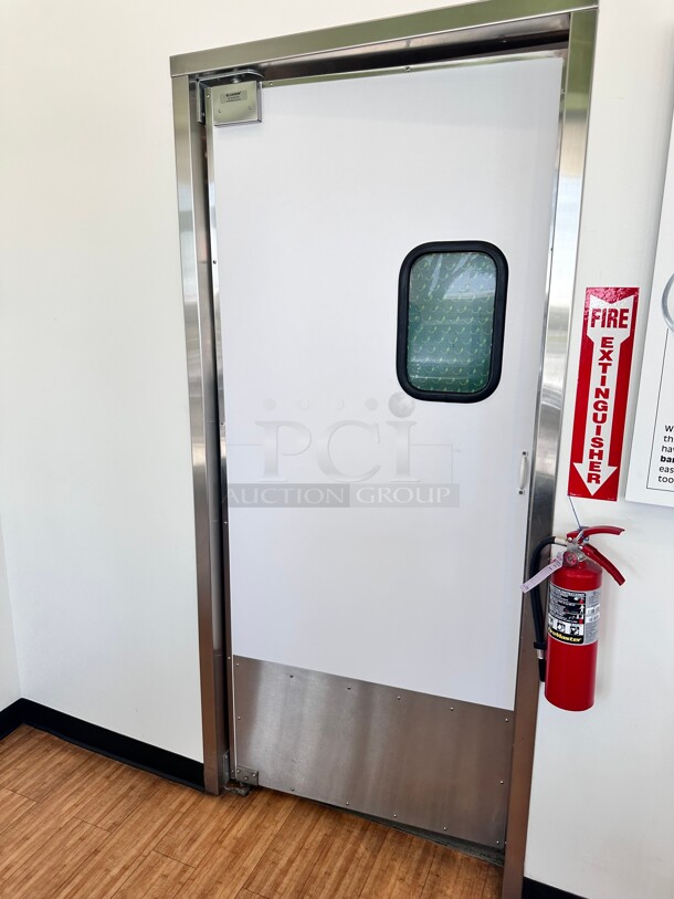 Excellent Eliason LWP-3 36 x 84 Single Aluminum Swinging Traffic Door with Window Buyer Must Remove - Image 2 of 4