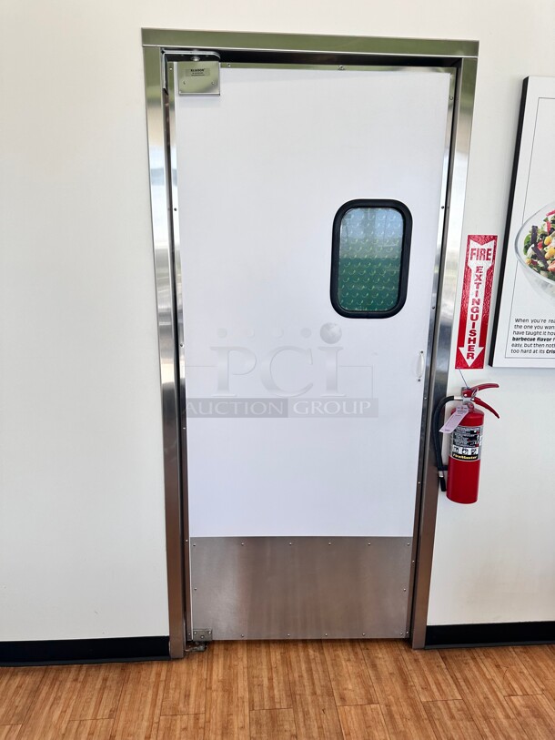 Excellent Eliason LWP-3 36 x 84 Single Aluminum Swinging Traffic Door with Window Buyer Must Remove - Image 4 of 4