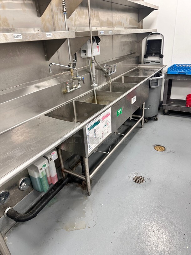 Regency 142 inch 14 Gauge Stainless Steel Three Compartment Commercial Sink with 2 Drainboards - 24 x 24 x 14 Bowls - Image 6 of 6