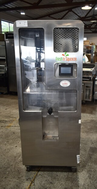 Fresh N Squeeze 2ND-GEN-MFJ-HE Stainless Steel Commercial Floor Style Citrus Juicer on Commercial Casters. 120 Volts, 1 Phase. Cannot Test; Powers On But Displays a Safety Circuit Fault Code