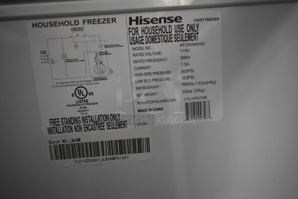 Hisense WFC050M6XWD Metal Commercial Chest Freezer w/ Hinge Lid. 115 Volts, l Phase. Tested and Working! - Image 3 of 3