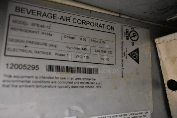 Beverage Air SPE48-12 Stainless Steel Commercial Sandwich Salad Prep Table Bain Marie Mega Top on Commercial Casters. 115 Volts, 1 Phase. Tested and Powers On But Does Not Get Cold - Image 5 of 5