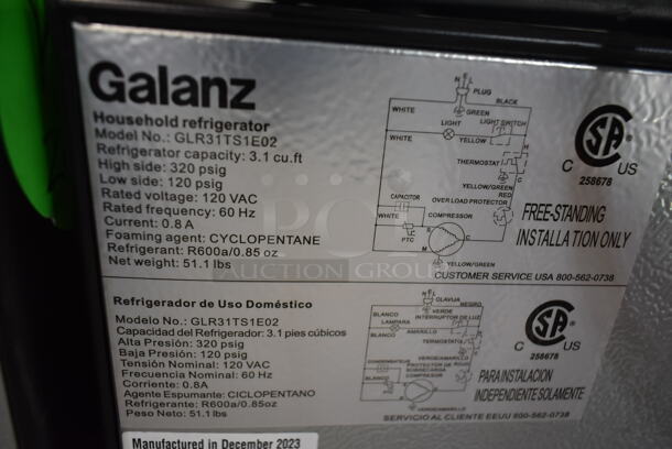 Galanz GLR31TS1E02 Mini Cooler Freezer. 120 Volts, 1 Phase. Tested and Working! - Image 3 of 6