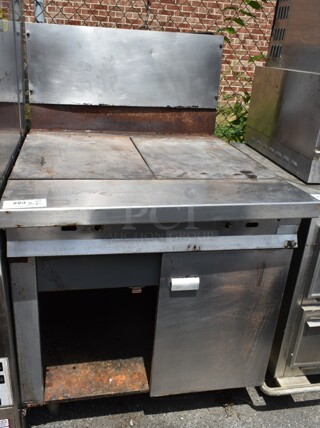 Stainless Steel Commercial Gas Powered Flat Top Griddle w/ Under Shelf and Back Splash. 