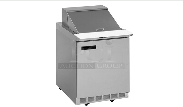 Used Delfield 4427NP-12M 27 inch 1 Door Mega Top Front Breathing Refrigerated Sandwich Prep Table with Casters - Image 1 of 5