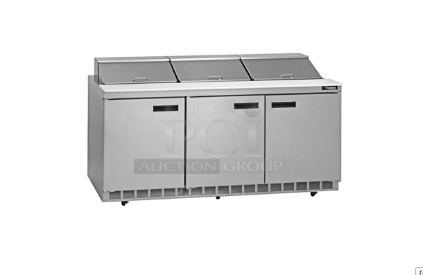 Used Delfield 4472N-24M 72 inch Front Breathing 3 Door Front Breathing Mega Top Refrigerated Sandwich Prep Table 115 Volt Working - Image 1 of 7