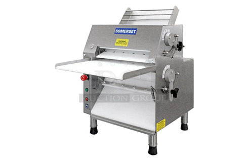 Used Somerset CDR-1550 15" Countertop Two Stage Front-Operated Dough Sheeter - 120V, 1/2 hp Working