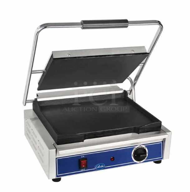 Used Globe GSG1410 Single Commercial Panini Press w/ Cast Iron Smooth Plates, 120v Working - Image 1 of 10