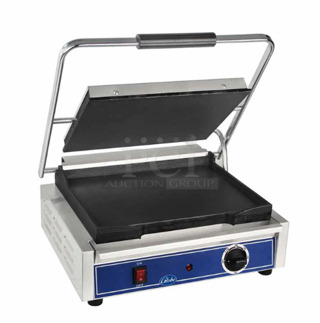 Used Globe GSG1410 Single Commercial Panini Press w/ Cast Iron Smooth Plates, 120v Working