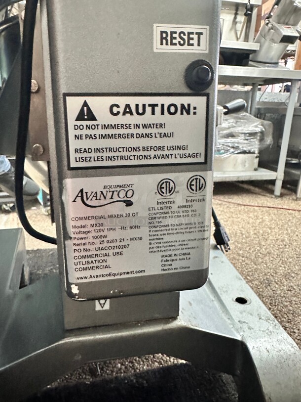 Late Model Used Avantco MX30 30 Qt. Planetary Floor Mixer with Guard, & Standard Accessories - 120V, 1 3/4 hp Working - Image 6 of 7