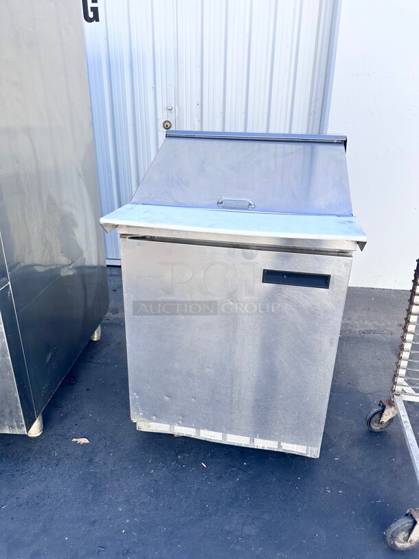 Used Delfield 4427NP-12M 27 inch 1 Door Mega Top Front Breathing Refrigerated Sandwich Prep Table with Casters - Image 2 of 5