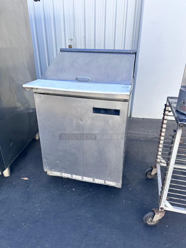 Used Delfield 4427NP-12M 27 inch 1 Door Mega Top Front Breathing Refrigerated Sandwich Prep Table with Casters - Image 3 of 5