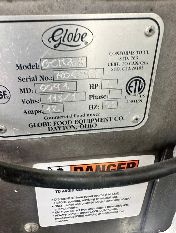 Globe GCM20H 20 qt Planetary Mixer - Bench Model, 1 hp, 115v Sold As Is - Image 10 of 10