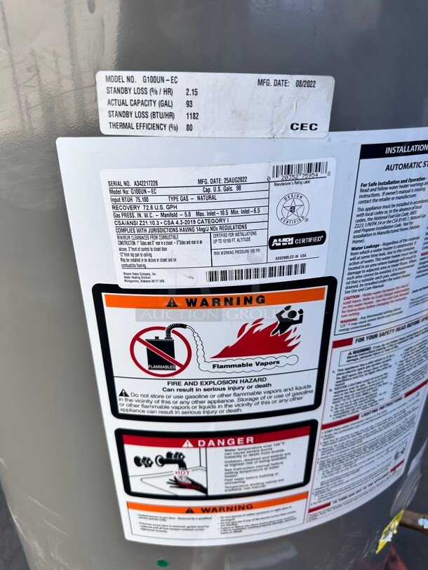 Late Model Rheem Performance 98 Gal. Tall 6-Year 75,100 BTU Ultra Low NOx Natural Gas Water Heater Working - Image 4 of 5