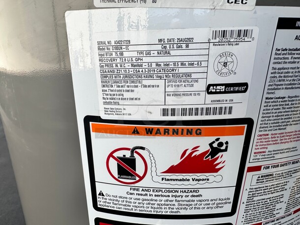 Late Model Rheem Performance 98 Gal. Tall 6-Year 75,100 BTU Ultra Low NOx Natural Gas Water Heater Working - Image 5 of 5