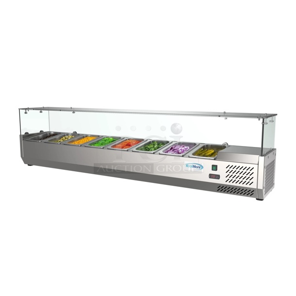 BRAND NEW SCRATCH AND DENT! 2023 KoolMore SCDC-8P-SG Stainless Steel Commercial 71 In. Eight Pan Refrigerated Countertop Condiment Prep Station. Does Not Have Sneeze Guard. 115 Volts, 1 Phase. Tested and Powers On But Does Not Get Cold - Image 1 of 6
