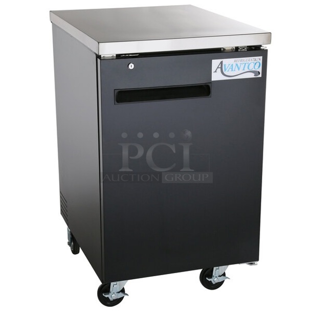 BRAND NEW SCRATCH AND DENT! 2024 Avantco 178UBB1HC Metal Commercial Black Solid Door Back Bar Cooler on Commercial Casters. 115 Volts, 1 Phase. Tested and Working! - Image 1 of 6