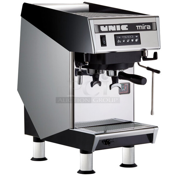 BRAND NEW SCRATCH AND DENT! 2022 Unic MIRA MIH1CA0RMBINS14 Mira Single Group High Profile Automatic Espresso Machine w/ Portafilter and Steam Wand. 110 Volts, 1 Phase.  - Image 1 of 8