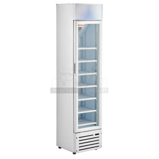 BRAND NEW IN BOX! Galaxy 177GDN5RBW Metal Commercial Single Door Reach In Cooler Merchandiser w/ Poly Coated Racks and Red, White, and Blue LED Lighting. 110-120 Volts, 1 Phase.