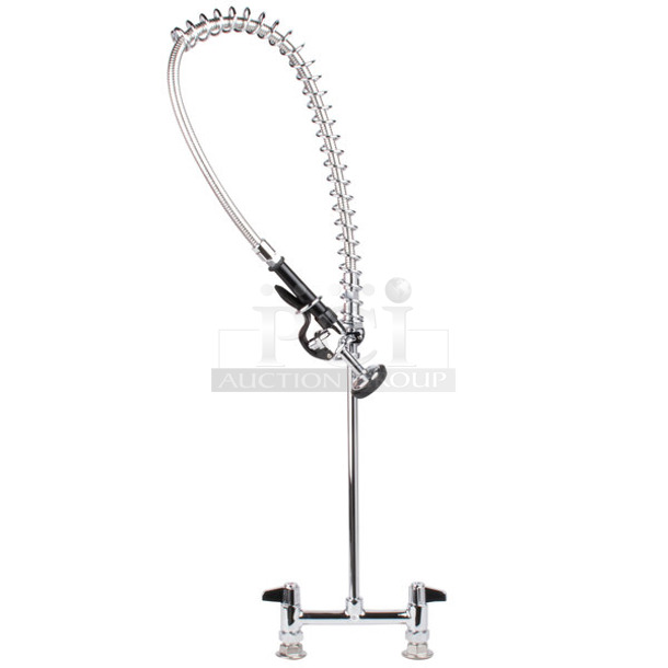 BRAND NEW SCRATCH AND DENT! Equip by T&S 5PR-8D00 Deck Mounted 34" High Pre-Rinse Faucet with 8" Adjustable Centers, 44" Hose, and 6" Wall Bracket - Image 1 of 5