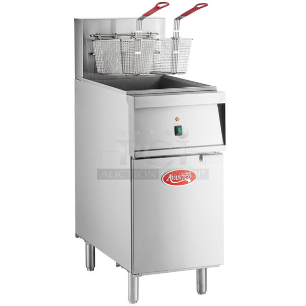 BRAND NEW SCRATCH AND DENT! 2023 Avantco 177EF40C Stainless Steel Commercial Floor Style Electric Powered Deep Fat Fryer w/ 2 Metal Fry Baskets. 208 Volts.  - Image 1 of 6
